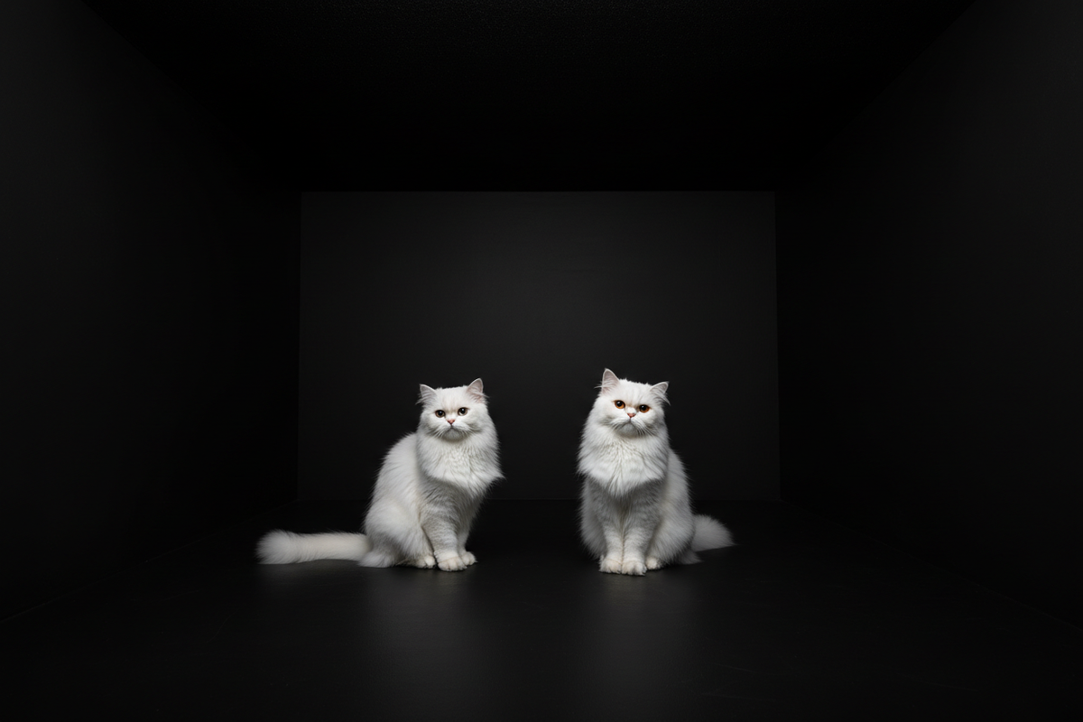 Create a image a black room and two white cat siting